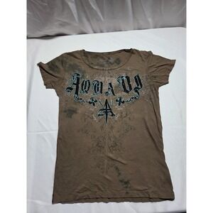 Aqua VI Womens Graphic T-Shirt Brown Teal Fleur De Lis Gothic‎ Y2K Medium